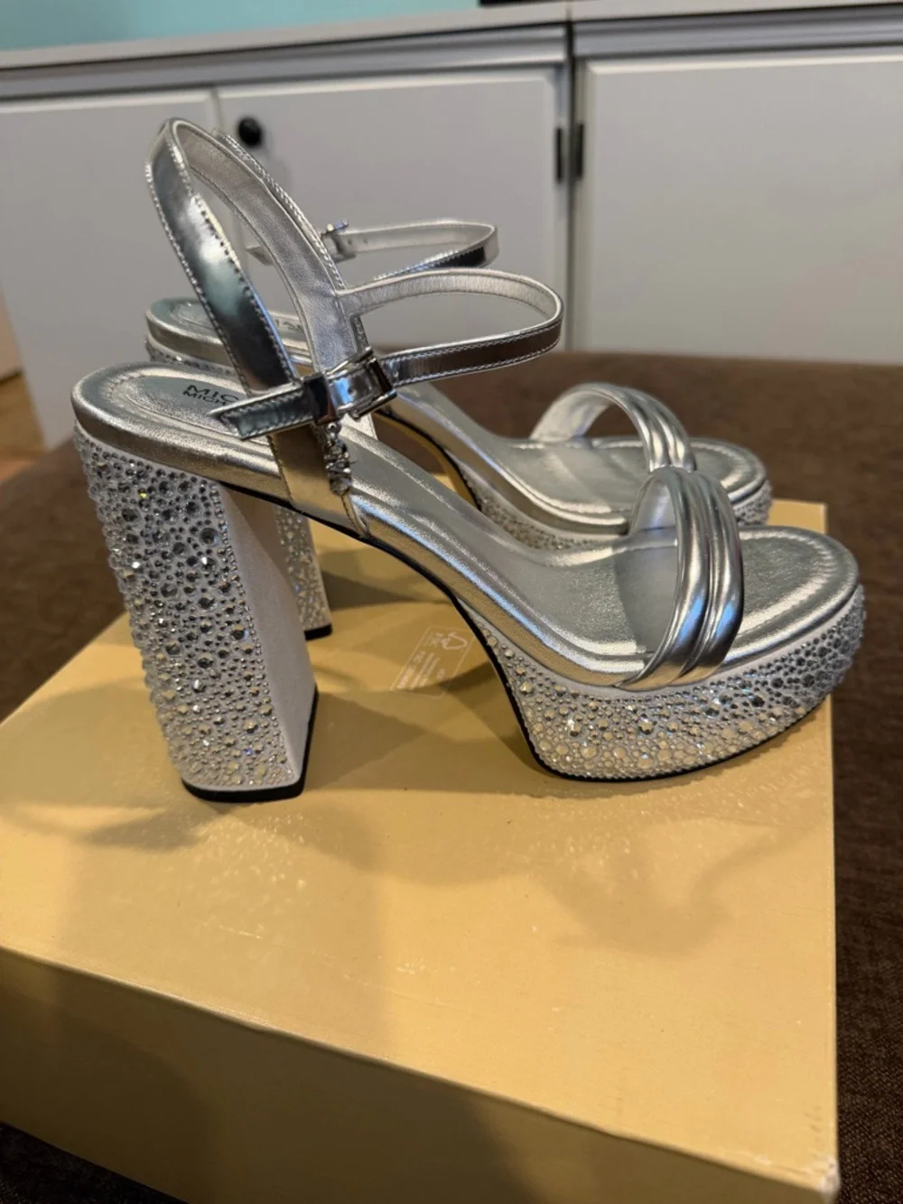 Michael Kors Silver Platform Sandals with Crystal Embellished Heels
